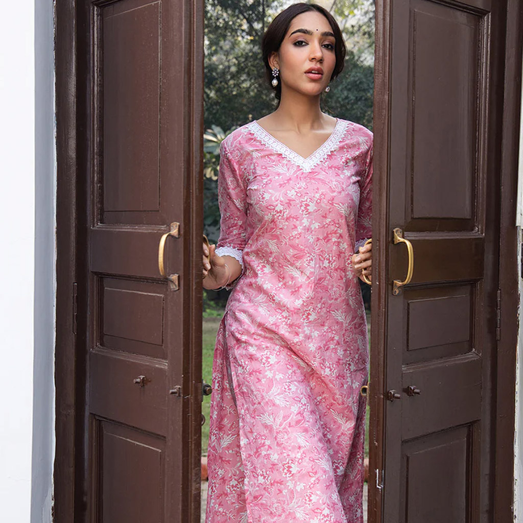 Pink Pure Cotton Floral Printed Straight Kurta Set