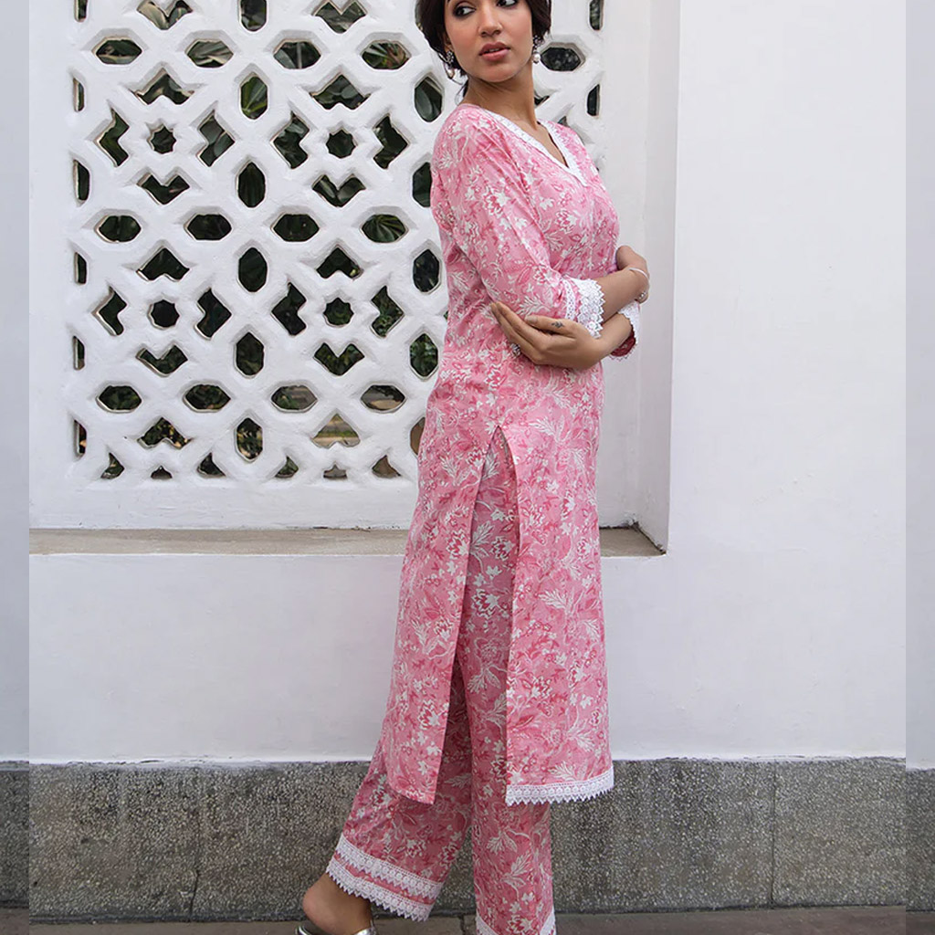 Pink Pure Cotton Floral Printed Straight Kurta Set