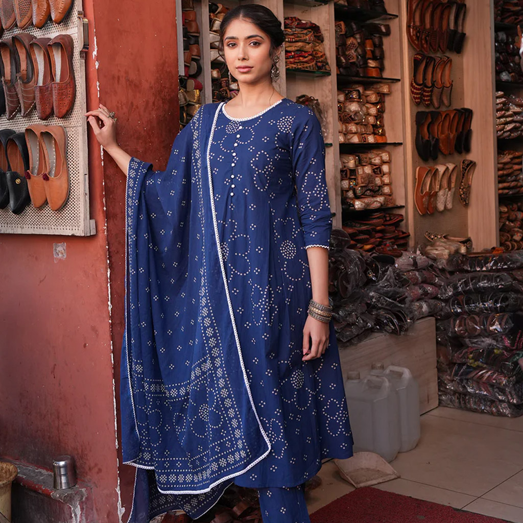 Blue Pure Cotton Bandhani Printed A-line Kurta Set