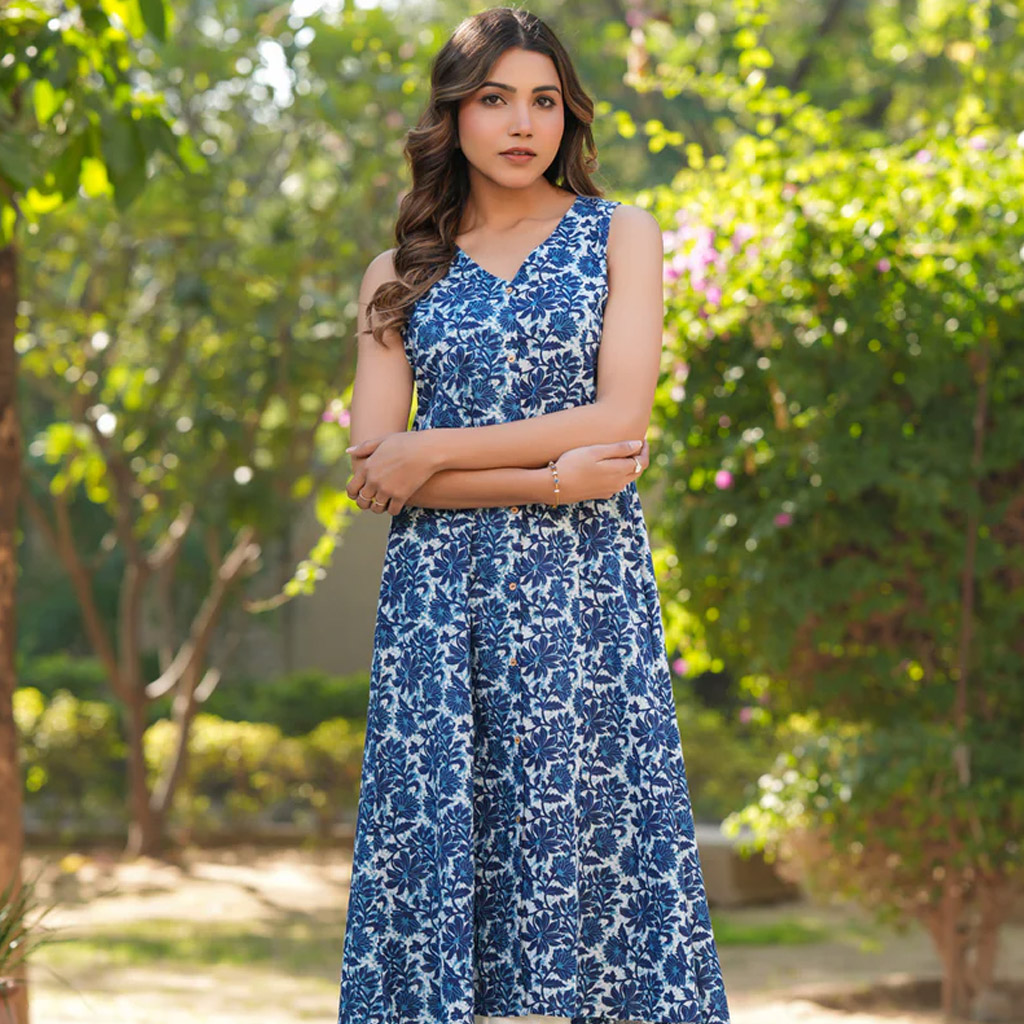Blue Pure Cotton Floral Printed A-line Kurta