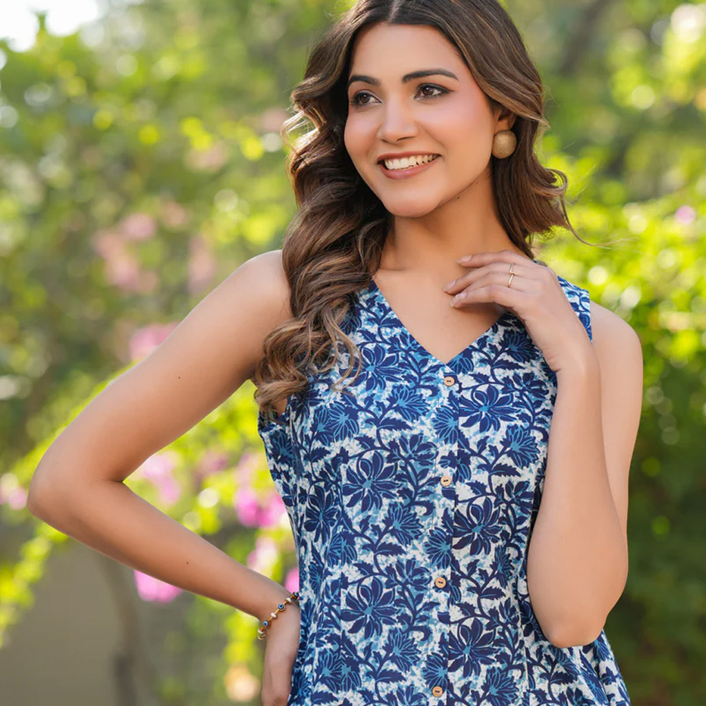 Blue Pure Cotton Floral Printed A-line Kurta