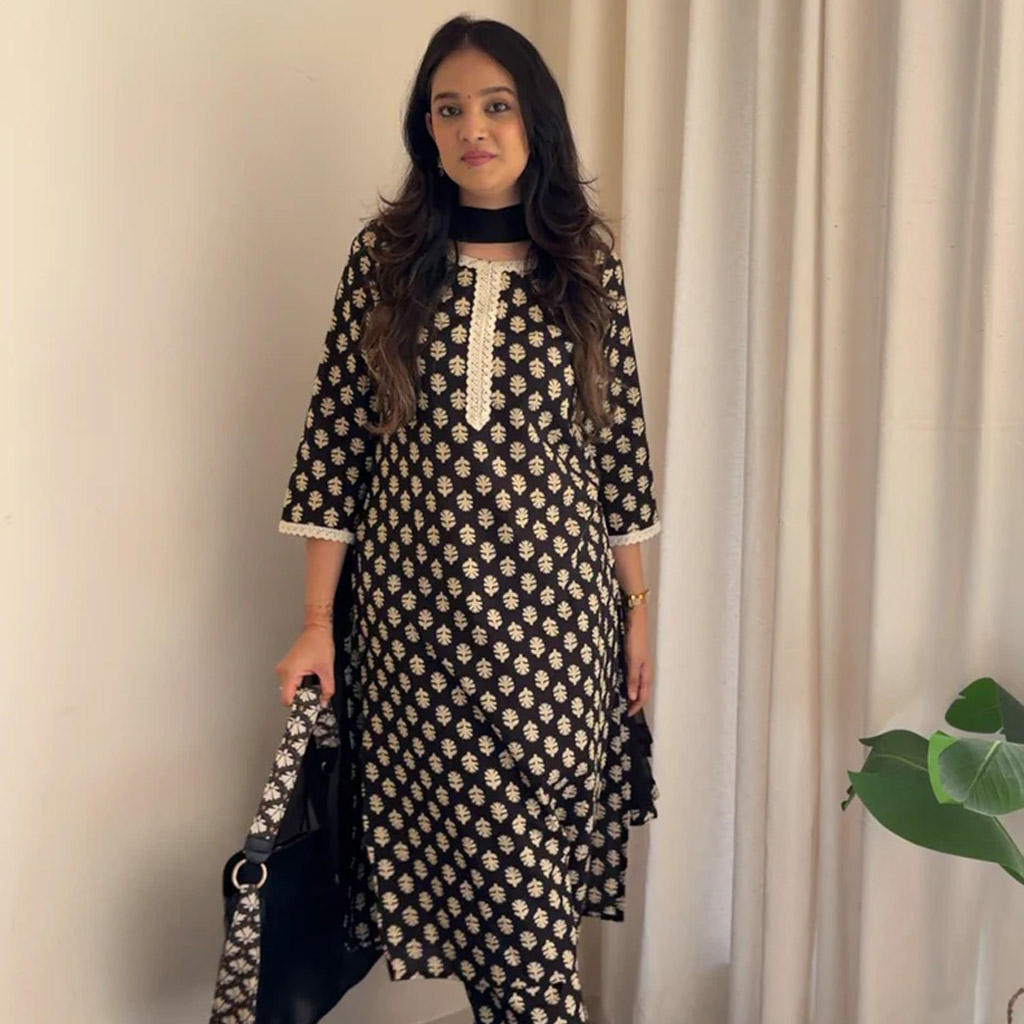 Black Pure Cotton Floral Printed Straight Kurta Set