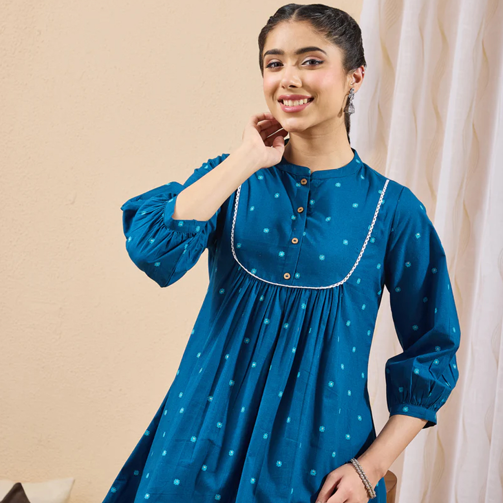 Teal Blue Pure Cotton Floral Foil Printed A-line Tunic