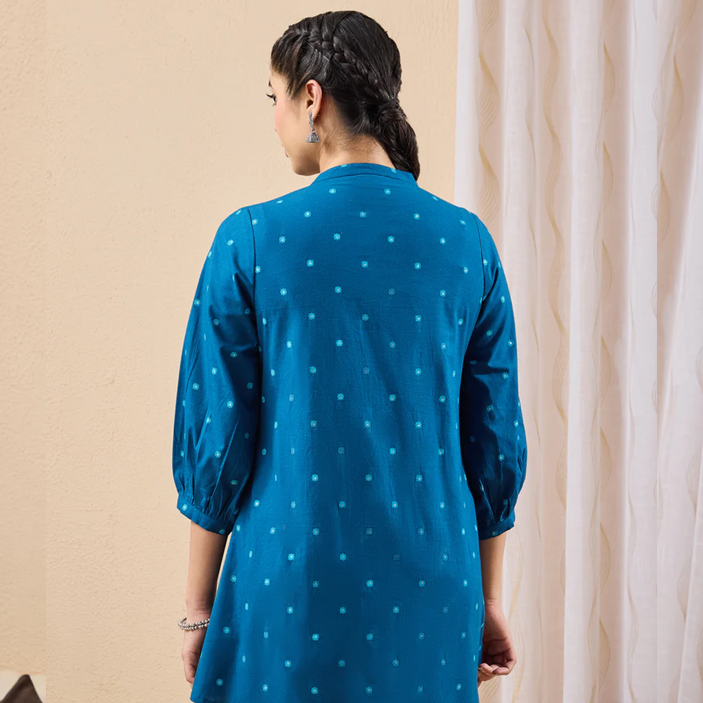 Teal Blue Pure Cotton Floral Foil Printed A-line Tunic